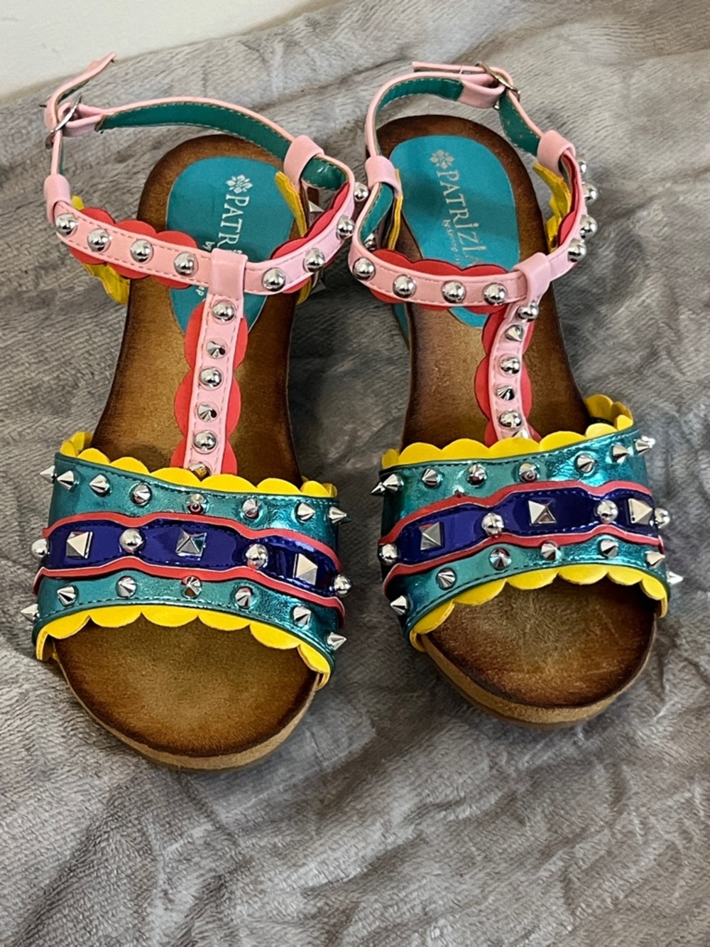 NWOB Patrizia Multicolor Studded Leather Wedge Sandals Size 7.5 US 38 UK
